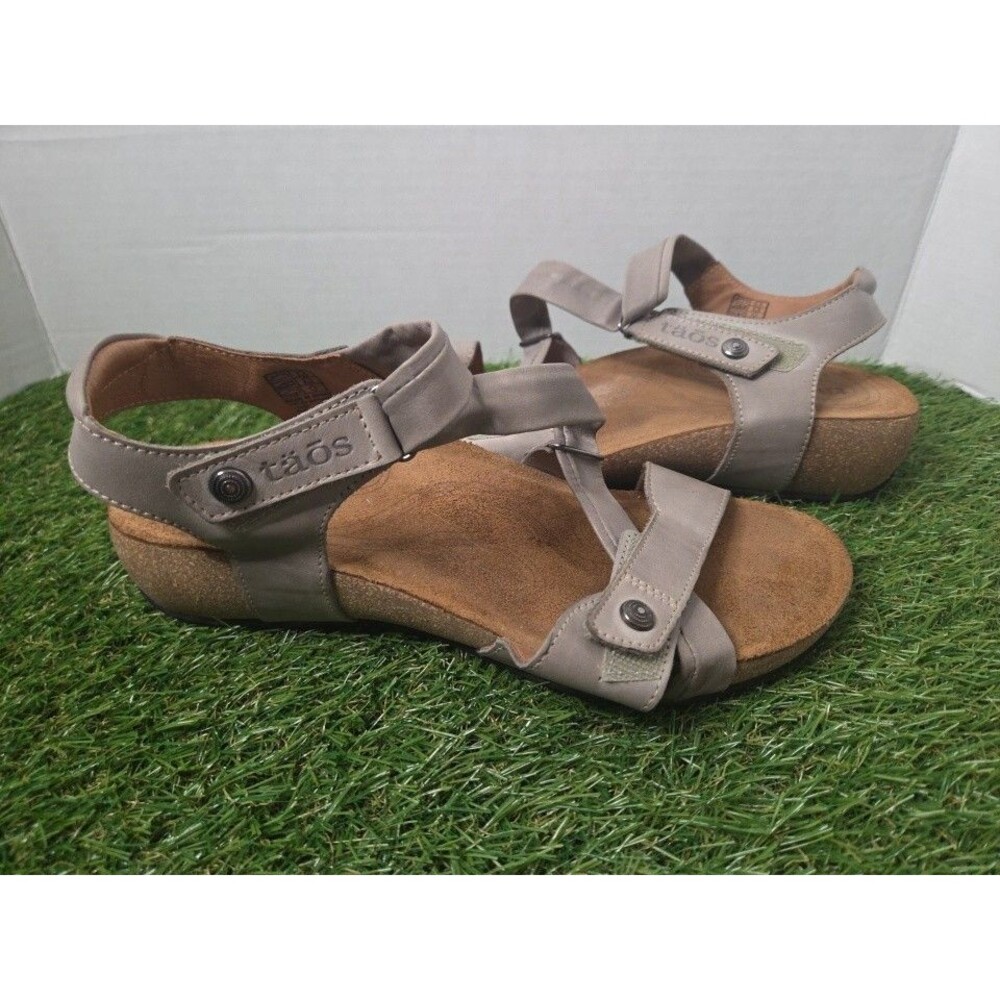 Taos Trulie Sandals Women Size 8/8.5 Leather Woven Strappy Wedge Comfort Stone